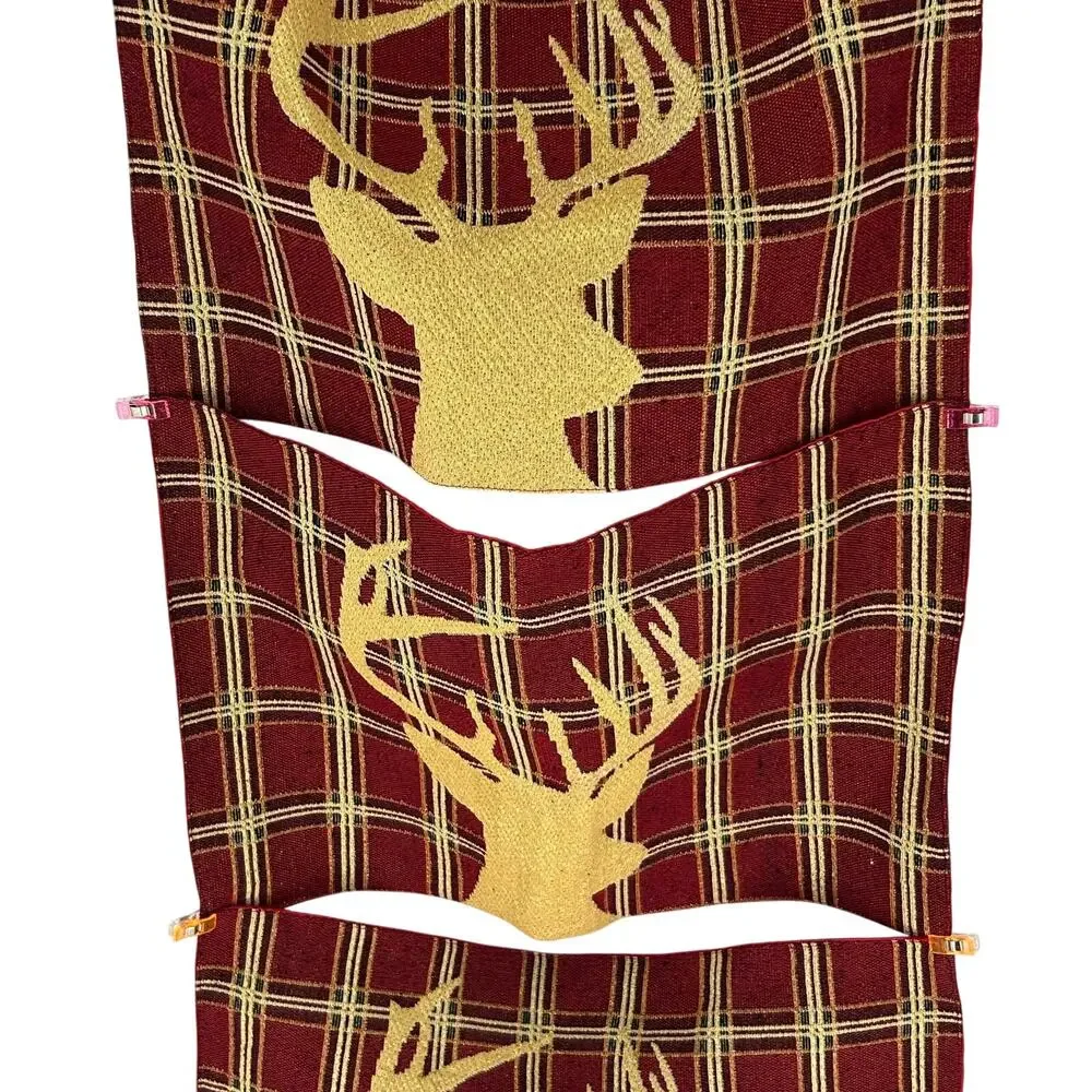 Set of 4 Holiday Christmas Placemats Red Gold Tartan Plaid Deer Stag Head Festiv